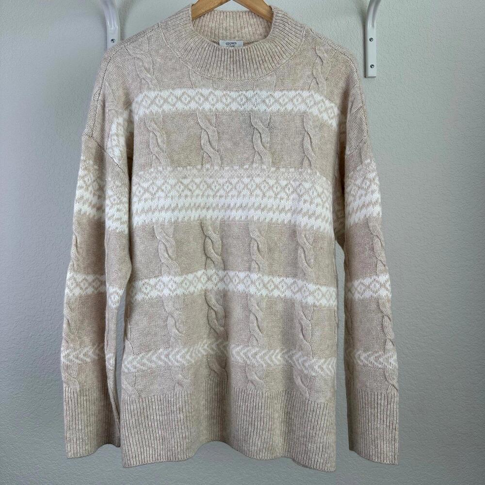 L Women’s Crown & Ivy Long Sleeve Knit Sweater Beige Cream NWT